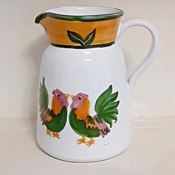 Hand painted terracotta earthenware pottery pitcher roosters french country - Picture 1 of 3